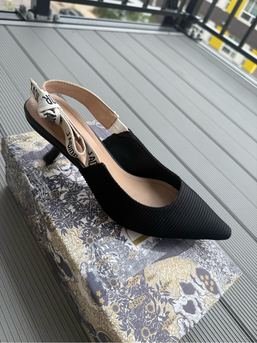 Dior Black Pointed-Toe Slingback Heels with Branded Ribbon